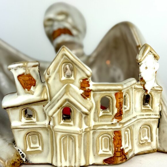 Vintage 1980 Ceramic Skeleton Haunted House Tea Light Candle Holders and candle - Picture 6 of 12